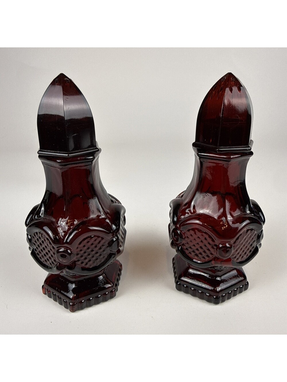 Salt Pepper Shakers Pair Avon Cape Cod  Red Glass 4.5" Vintage 1876 Collection